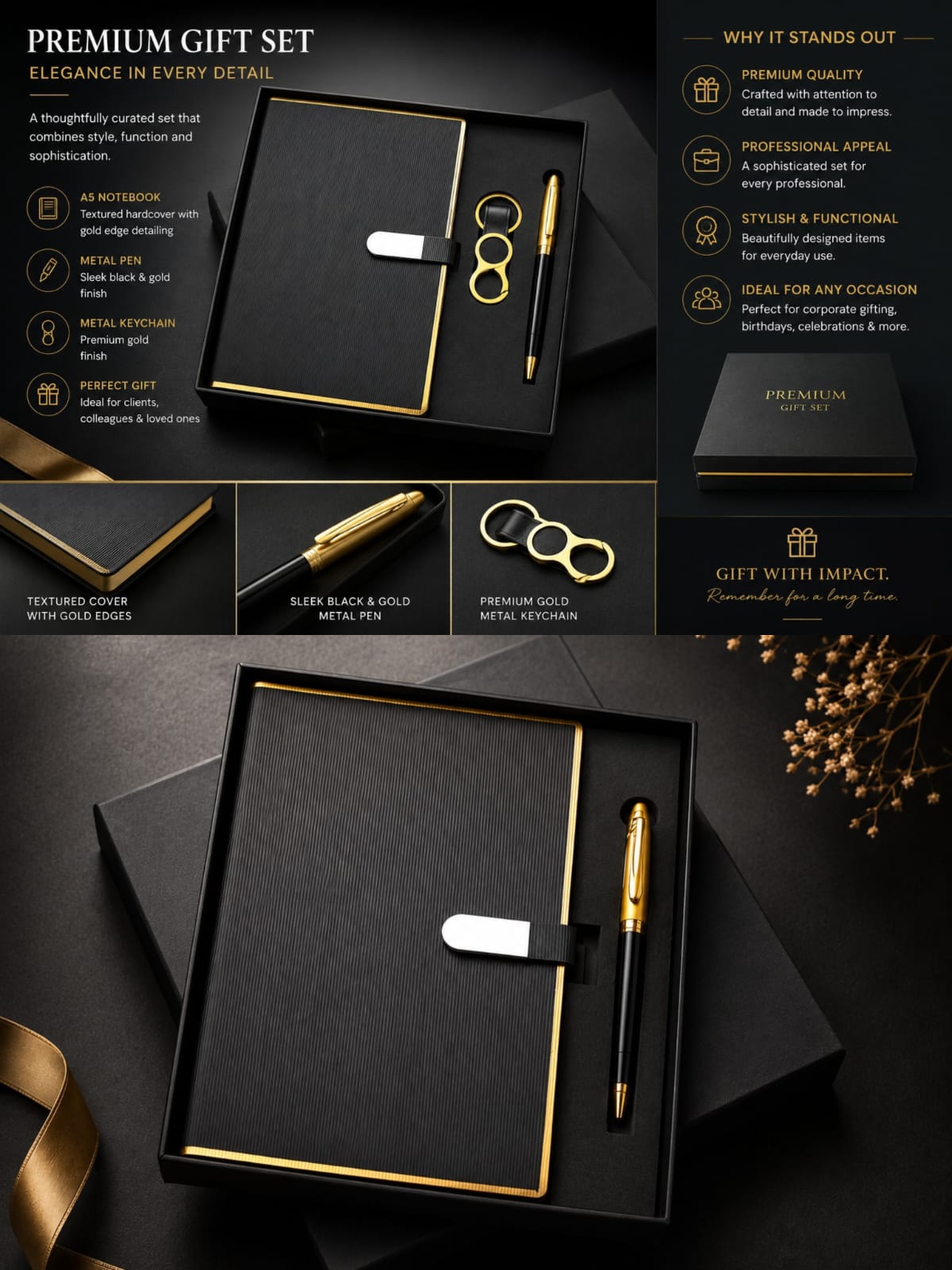 Premium Black & Gold Gift Set – A5 Hardcover Notebook, Metal Pen & Keychain