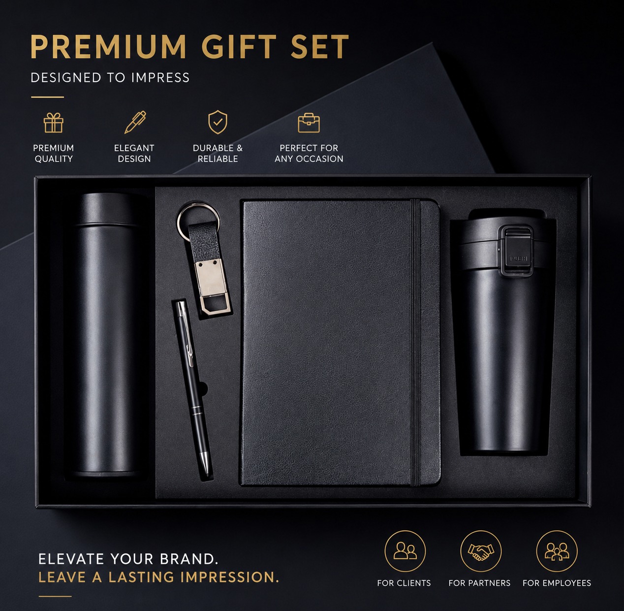 All-Black 5-in-1 Premium Gift Set – Water Bottle, Pen, Keychain, Notebook & Tumbler