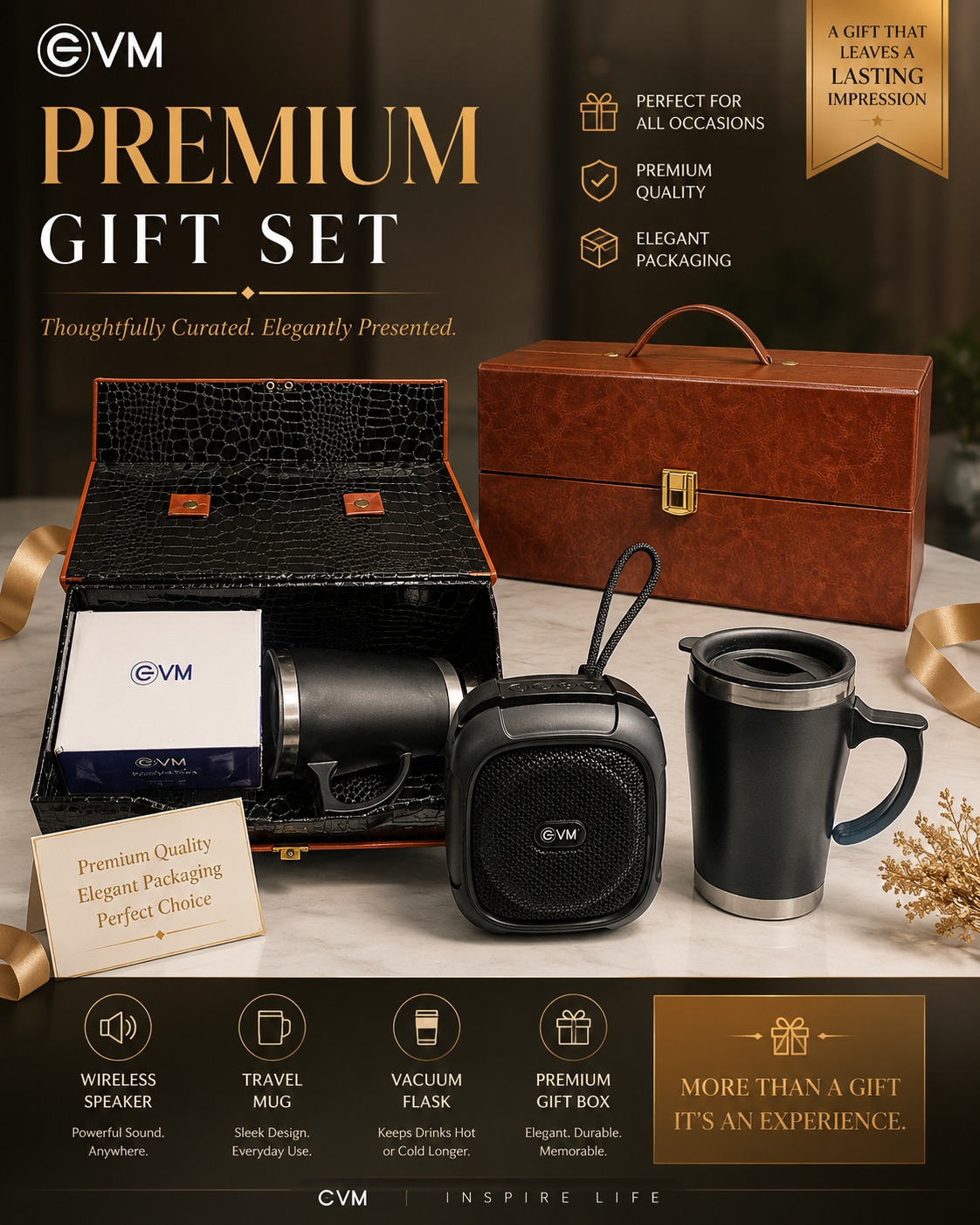 CVM Luxury Crocodile-Texture Box Set – Wireless Speaker, Travel Mug & Vacuum Flask