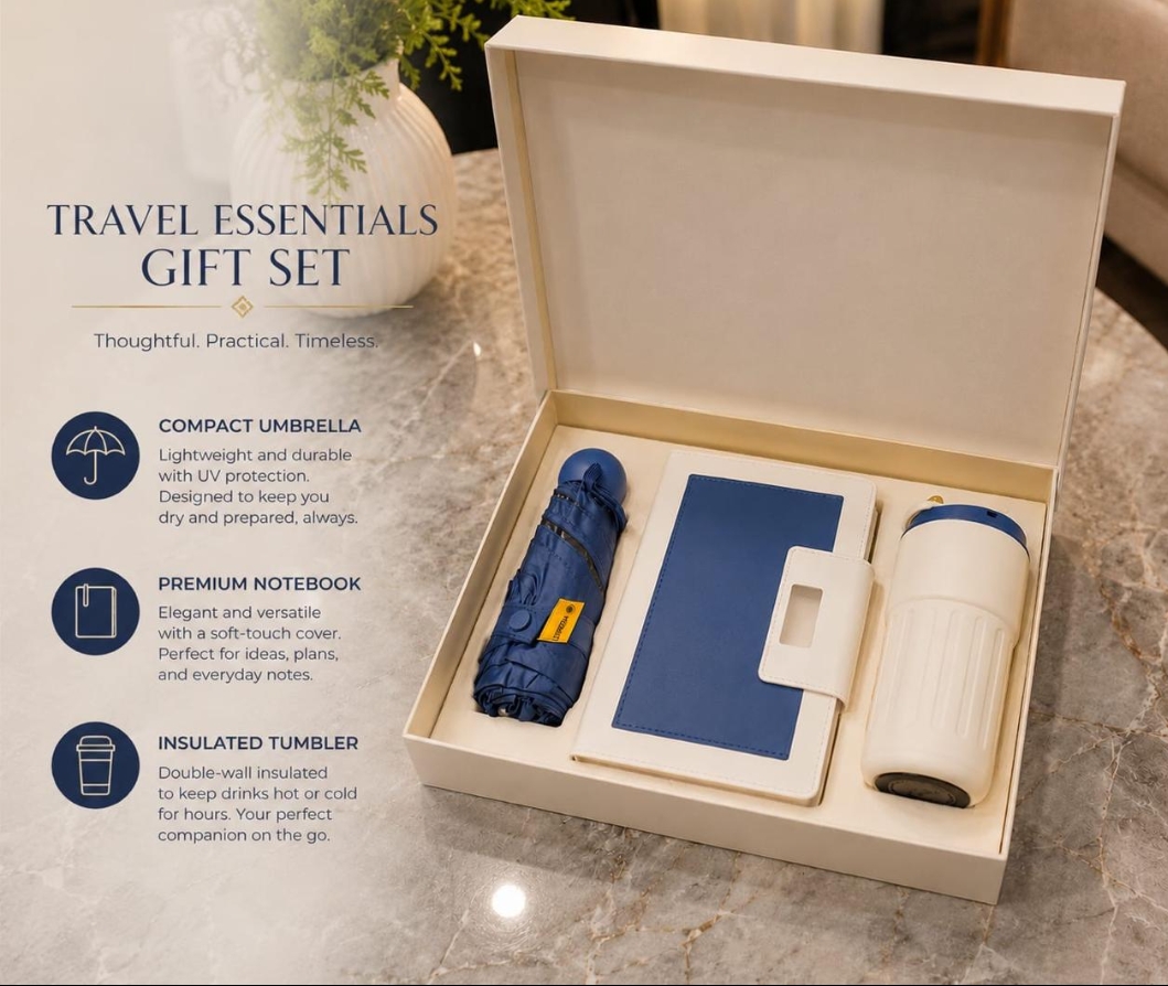 Travel Essentials Gift Set – Compact Umbrella, Notebook & Insulated Tumbler