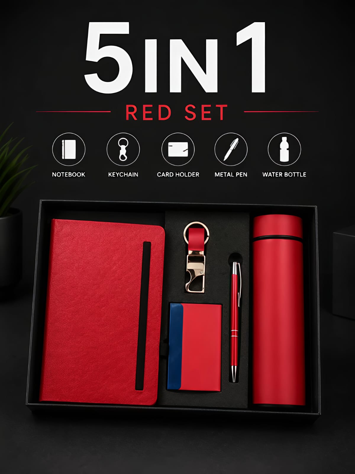 5 in 1 Red Corporate Gift Set – Notebook, Keychain, Card Holder, Pen & Bottle