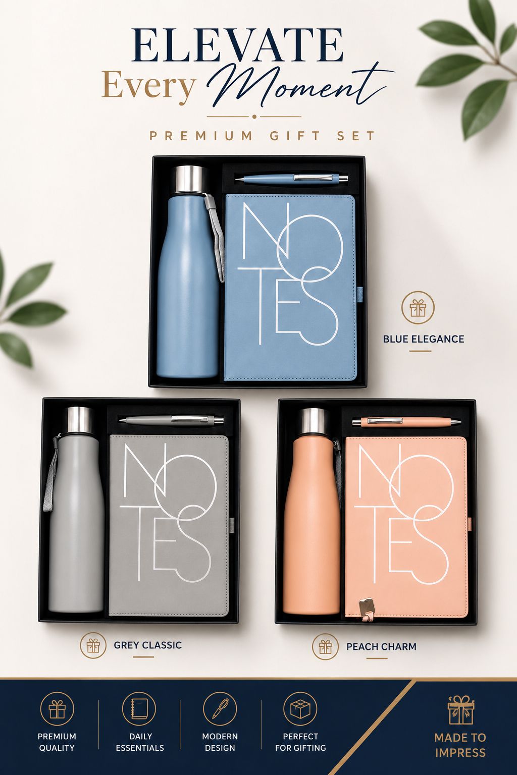 Elevate Every Moment Premium Gift Set – Blue Elegance, Grey Classic & Peach Charm